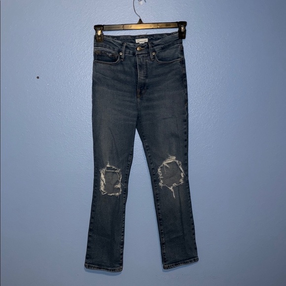Good American Blue Straight Leg Jeans Distressed Style - size 0/25 - B6 - Picture 1 of 6